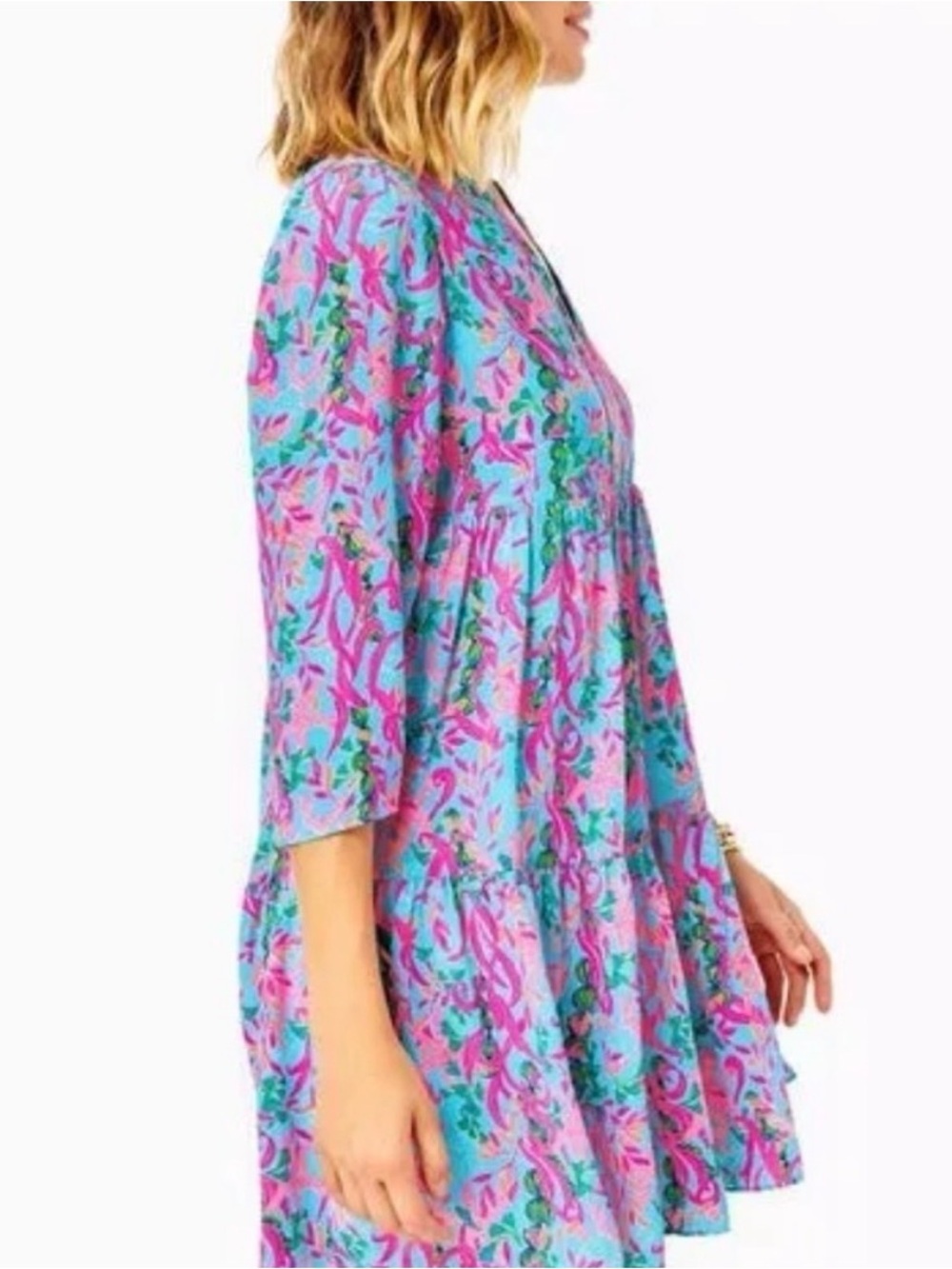 Lilly Pulitzer, NWT  Vibrant Aqua & Fuchsia seaweed samba Shift Dress 👗 sz L - Picture 2 of 4